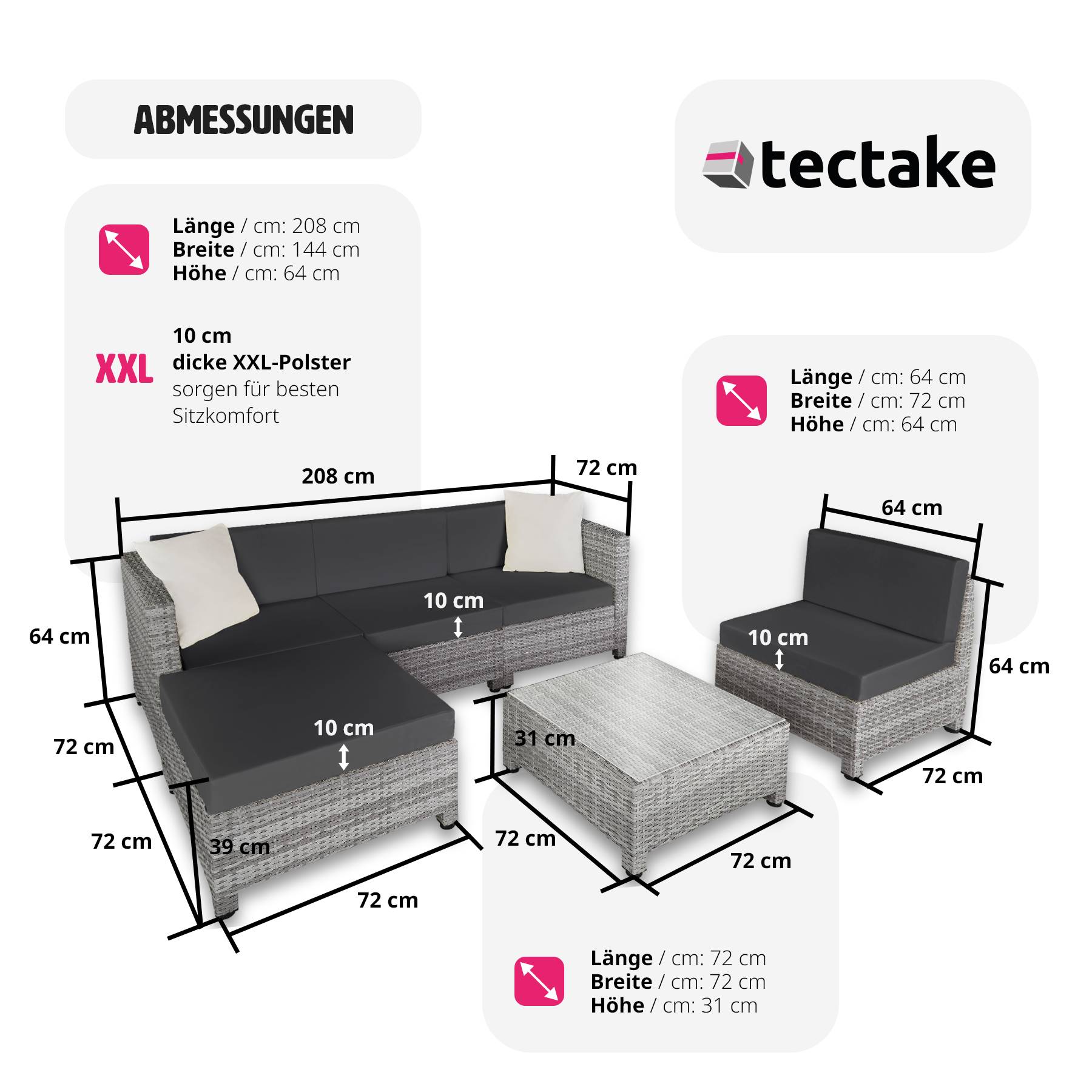 tectake® Rattan Lounge, mit Aluminiumgestell, wetterfest und UV-beständig, mit Sicherheitsglasplatte