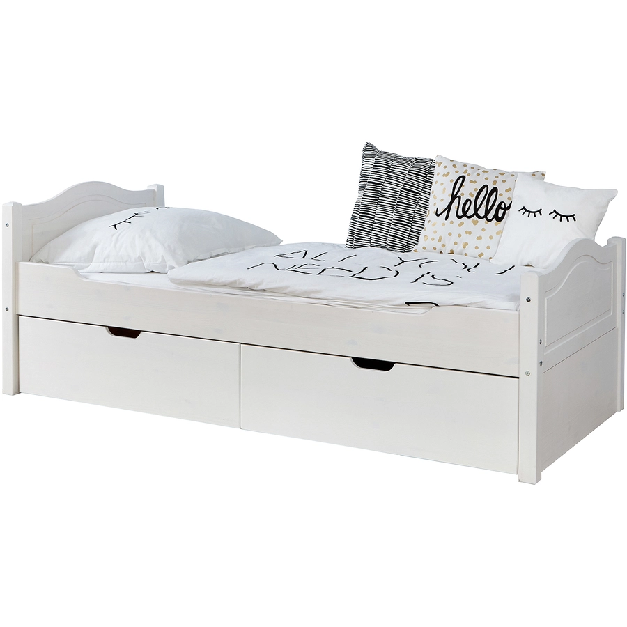 TiCAA Einzelbett Leni 90 x 200 cm Kiefer weiß mit 2 Schubladen