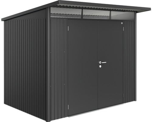 Biohort AvantGarde tuinhuis met dubbele deuren, formaat A5, inclusief plank en gereedschapshouder, 260 x 220 cm, donkergrijs metallic