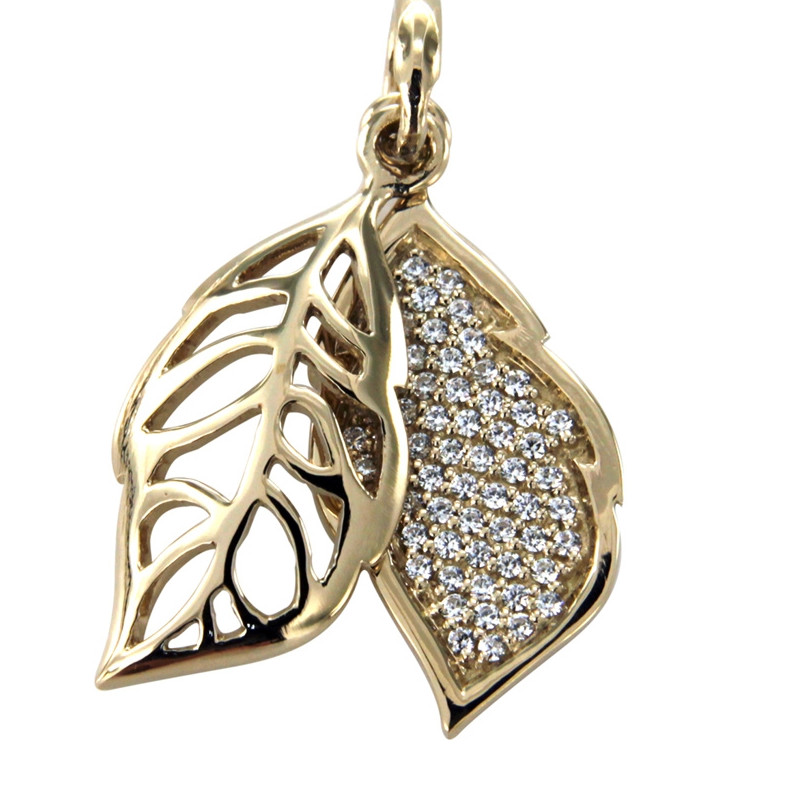 Pendentif Feuille Dorée et Argent 925 orné de Cristaux Swarovski Blanc
