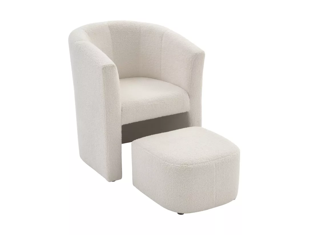 Fauteuil cabriolet et pouf en tissu bouclette blanc JOVANA