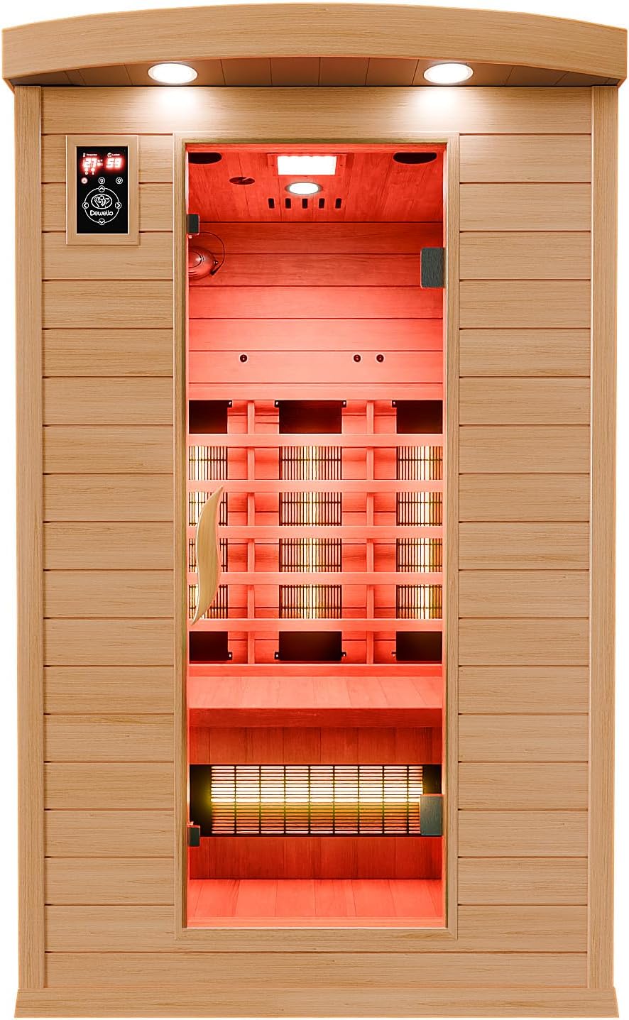 Dewello® Infrarotkabine Infrarotsauna Hyder 115x105 für 1-2 Personen aus Hemlock Holz mit Vollspektrumstrahler, LED-Farblicht, Bluetooth, FM,MP3,USB