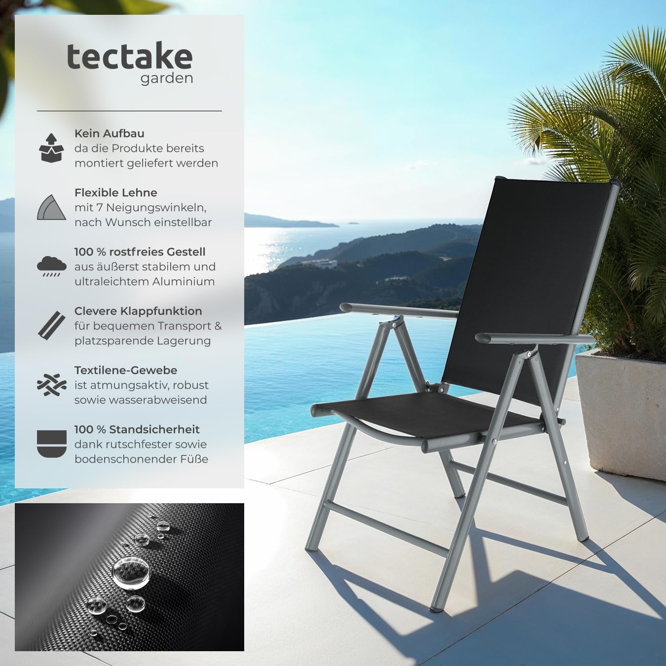 tectake® Aluminium Gartenstuhl 4er Set, Klappstuhl mit 7-Fach Verstellbarer Rückenlehne, Hochlehner mit Armlehnen, Gartenmöbel Set mit 4 Stühlen, für Garten Balkon Terrasse Camping, anthrazit