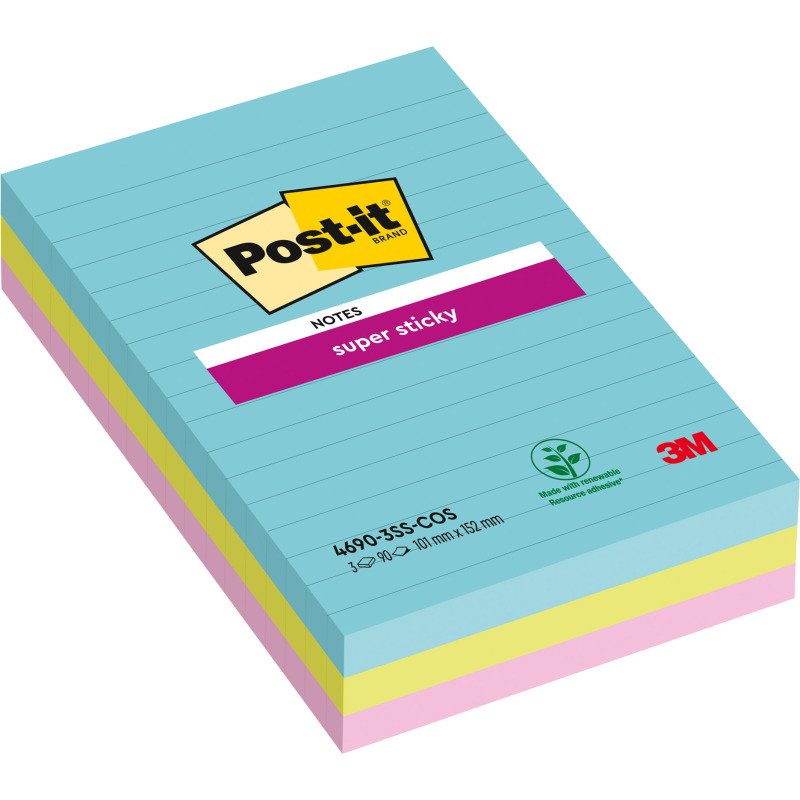 Notes lignées repositionnables couleurs Cosmic Super Sticky Post-it 101 x 152 mm assortis - bloc de 90 feuilles