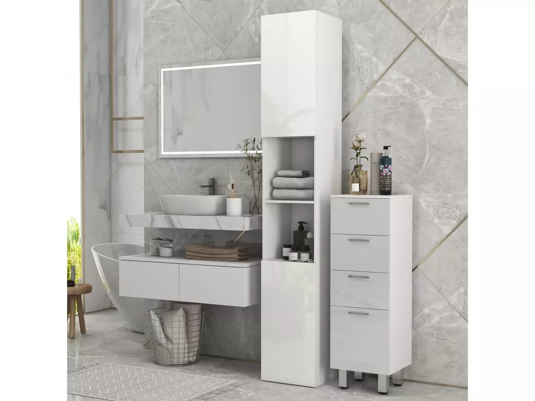 Meuble colonne rangement salle de bain style contemporain façade laquée 2 portes étagères 2 niches blanc
