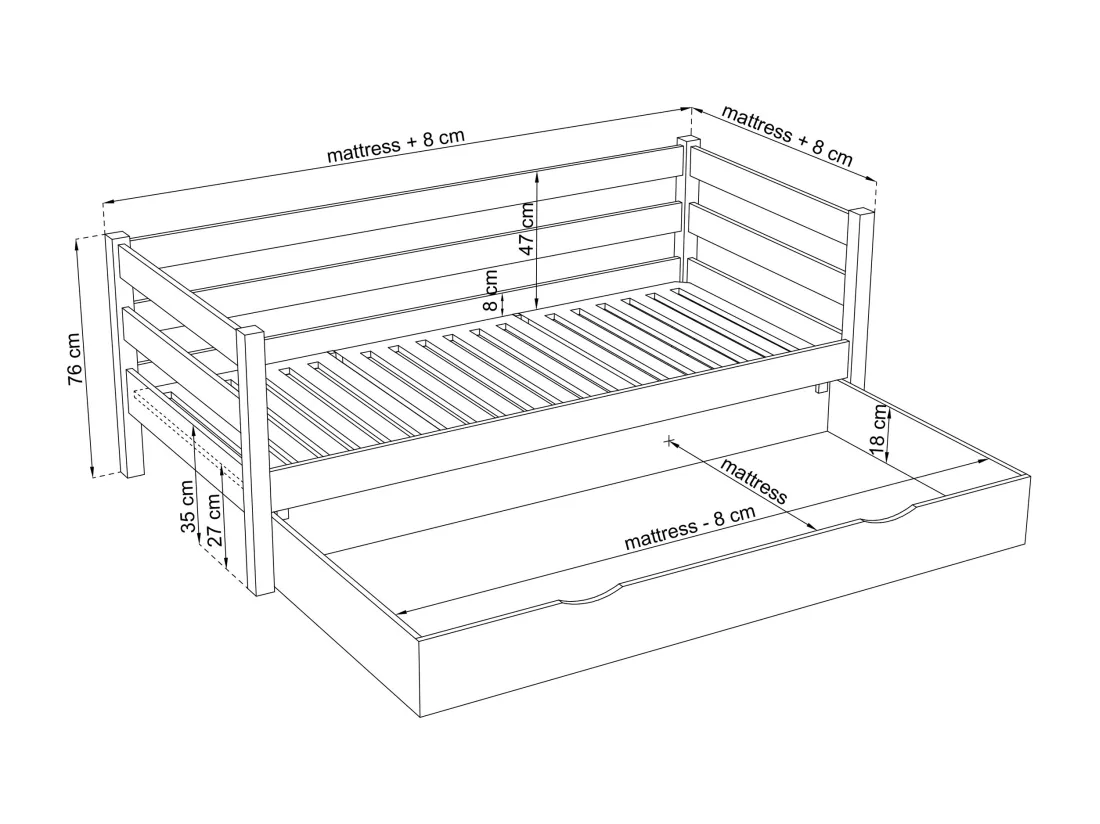 Lit banquette en bois - avec tiroir N01 Noir / Chêne Naturel 80x200