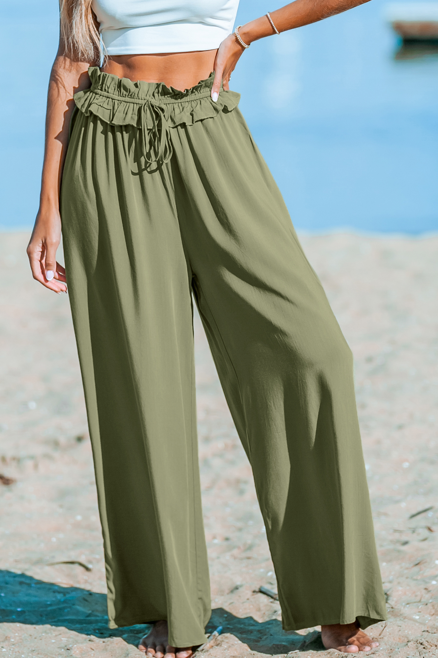 Pantalon large taille froncée olive