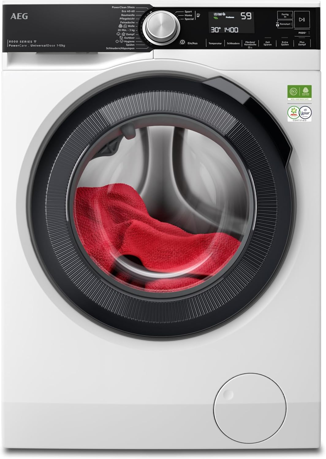 AEG WiFi Waschmaschine 10 kg Serie 8000 PowerCare - Faserschonend Sauber in 59 Min. bei 30°C, A-40%, Dampf-Programm – Weniger Bügeln, UniversalDose-Schublade, Energiesparend, 1600 U/min, LR8EW80600