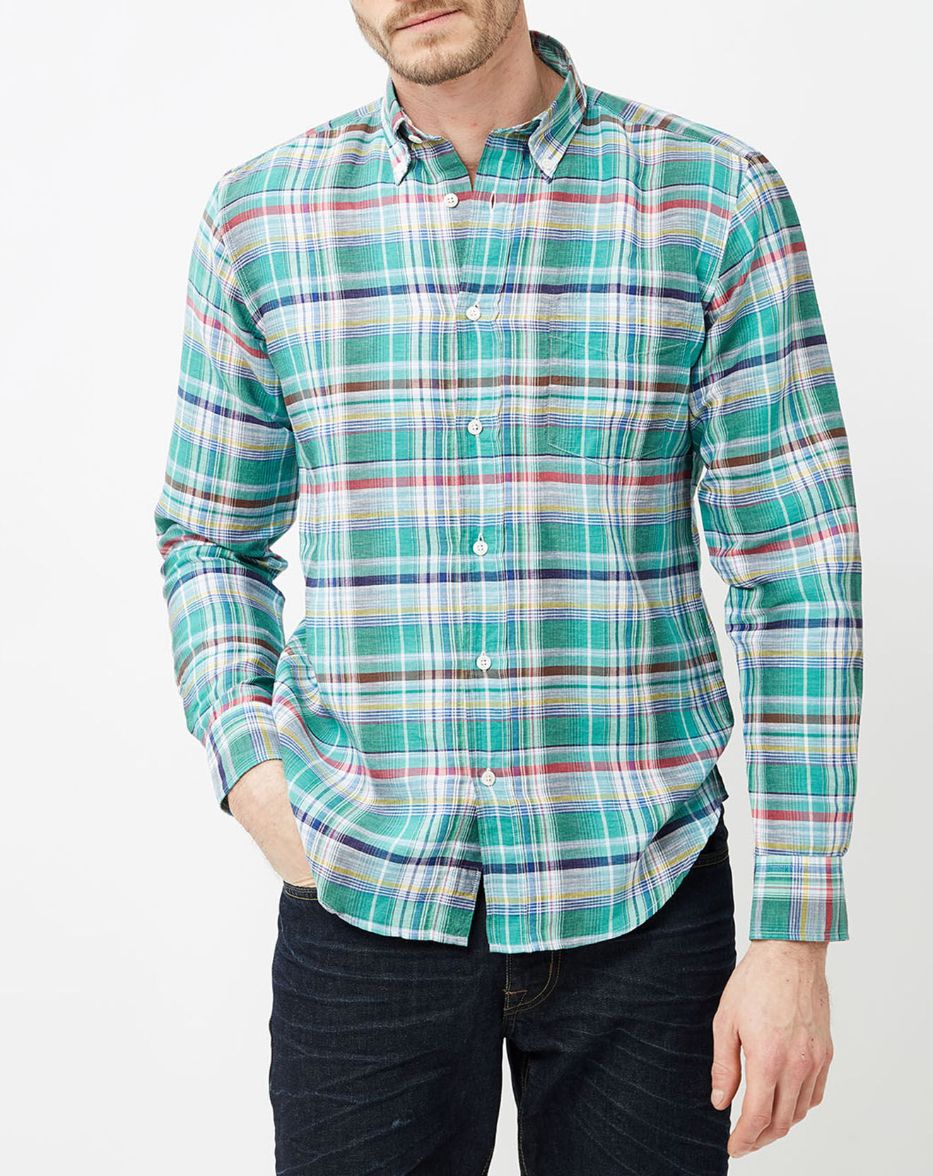 Hartford Chemise regular en Lin mélangé Pal à Carreaux verte