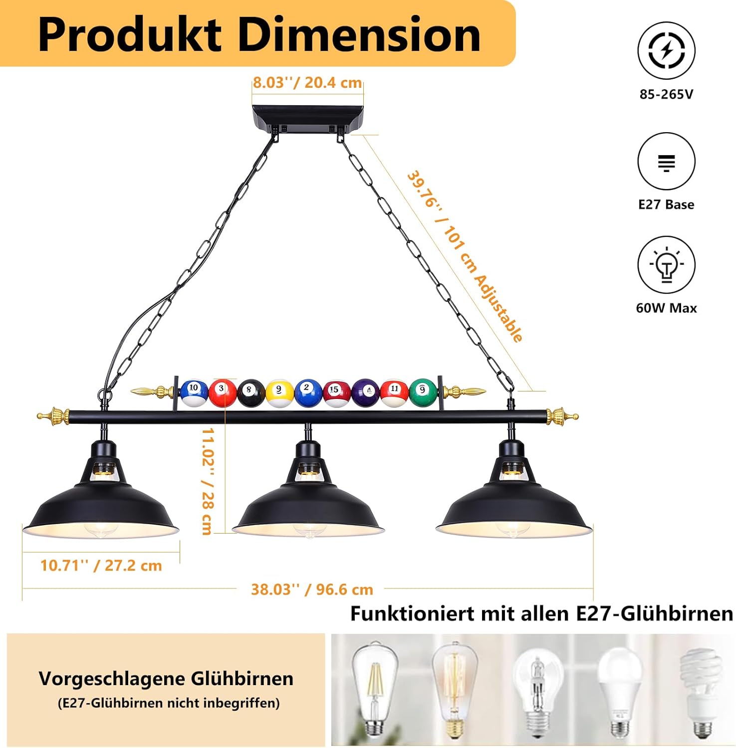 KEELED Billard Lampe Pendelleuchte Schwarz 3 Flammig Vintage Industrial HäNgelampe, 98cm, für Billiard Esstisch, KüCheninsel, Esszimmer, E27-GlüHbirne Nicht Im Lieferumfang Enthalten