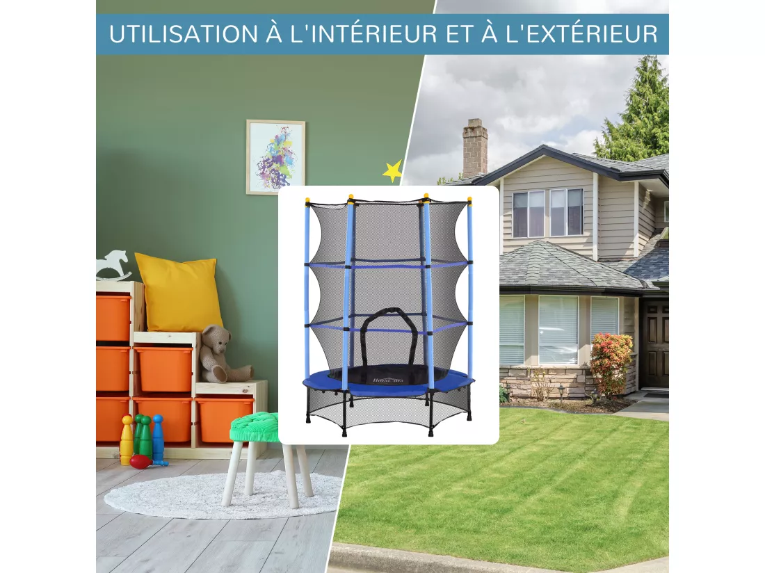 Trampoline de jardin enfants Ø 1,40 x 1,90H m filet de sécurité porte zipée couvre-ressorts + 6 poteaux rembourrés inclus bleu