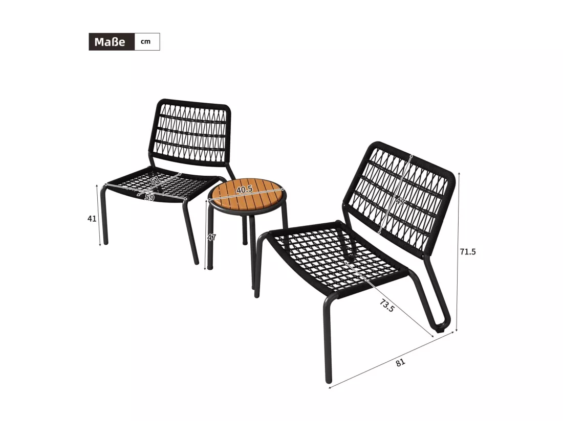 Lot de 3 salon de jardin en acier galvanisé - 2 fauteuils ergonomique et une table d'appoint ronde - charge max 160kg - Noir