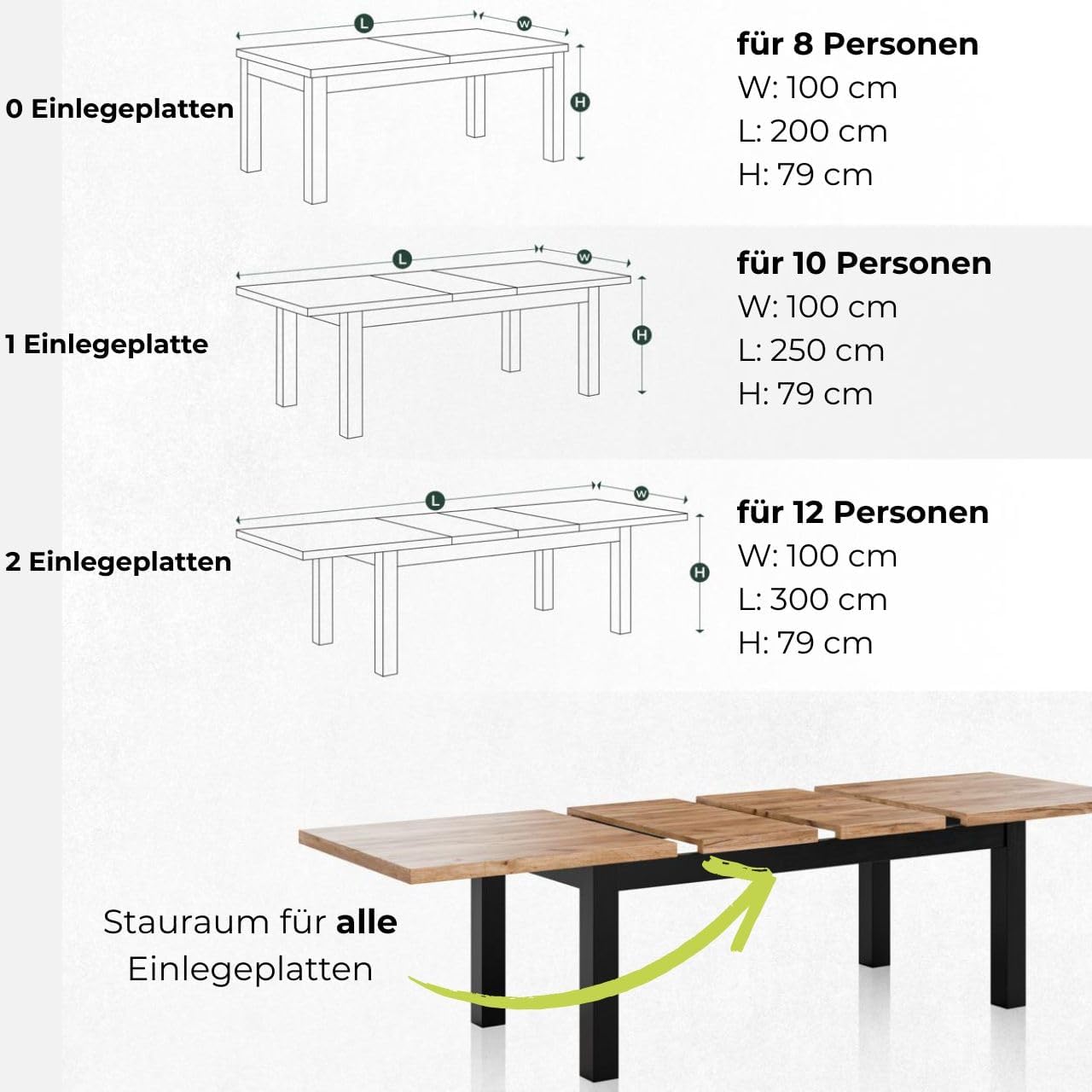 Ausziehbarer Esstisch Leonardo 100–300 cm | großer Tisch für 10–12 Personen | Tischplatte Eiche Craft | Beine aus massivem Buchenholz – weiß lackiert | modern skandinavisch | für Küche & Esszimmer