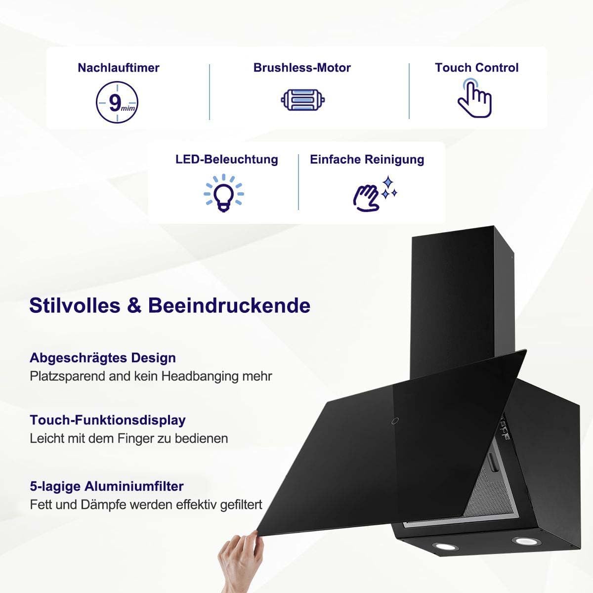 SNDOAS Dunstabzugshaube 60cm, 550 m³/h Starker Saugleistung Dunstabzugshaube Abluft/Umluft, inkl. Aktivkohlefilter, Energieeffizienz A++, Verzögerungs-Ausschaltfunktion, Schwarz