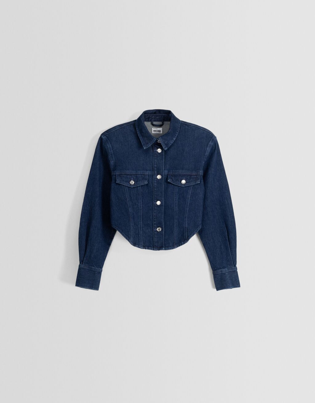 Jaqueta jeans cropped com ombreiras
