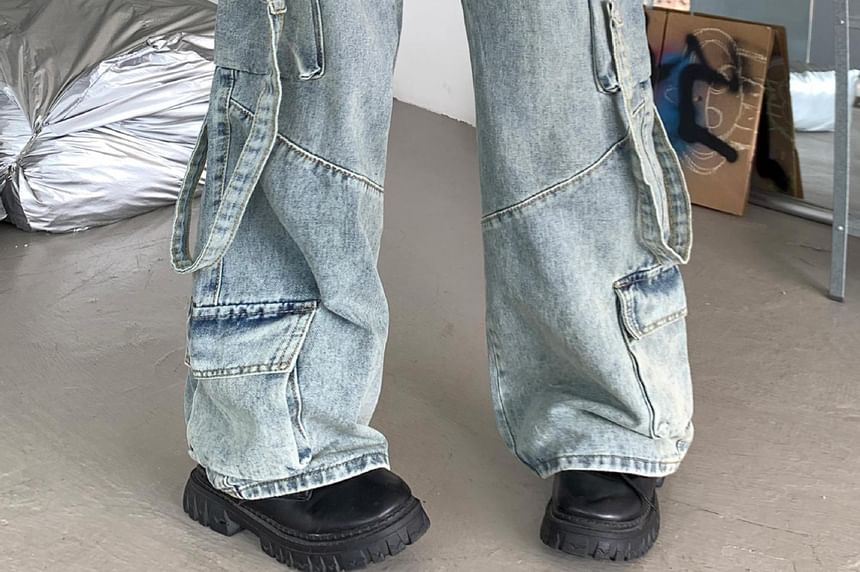 Kenning - Mid Rise Washed Wide Leg Cargo Jeans