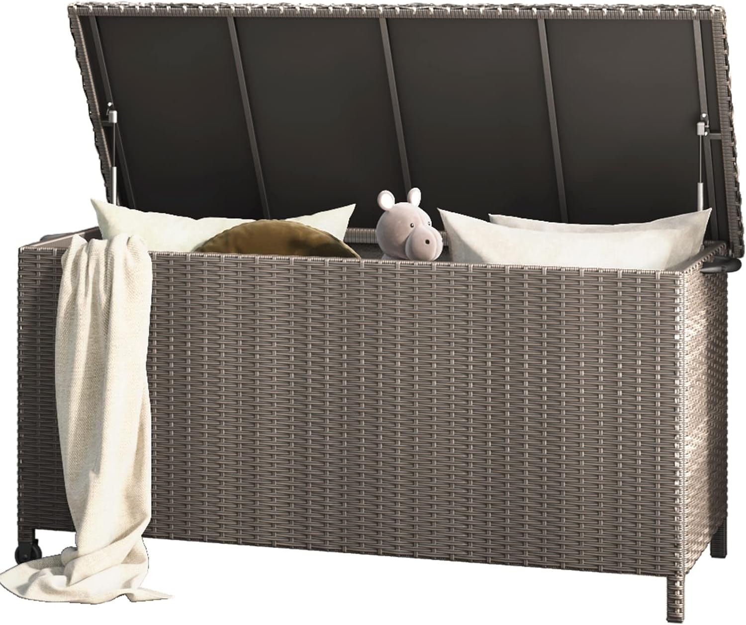 Grand patio Rattan Auflagenbox 480 Liter Gartenbox mit Deckel und Gasdruckfedern, UV-beständig Aufbewahrungskiste mit Zwei Radern, Leicht Bewegen, Kissenbox für Garten, Balkon