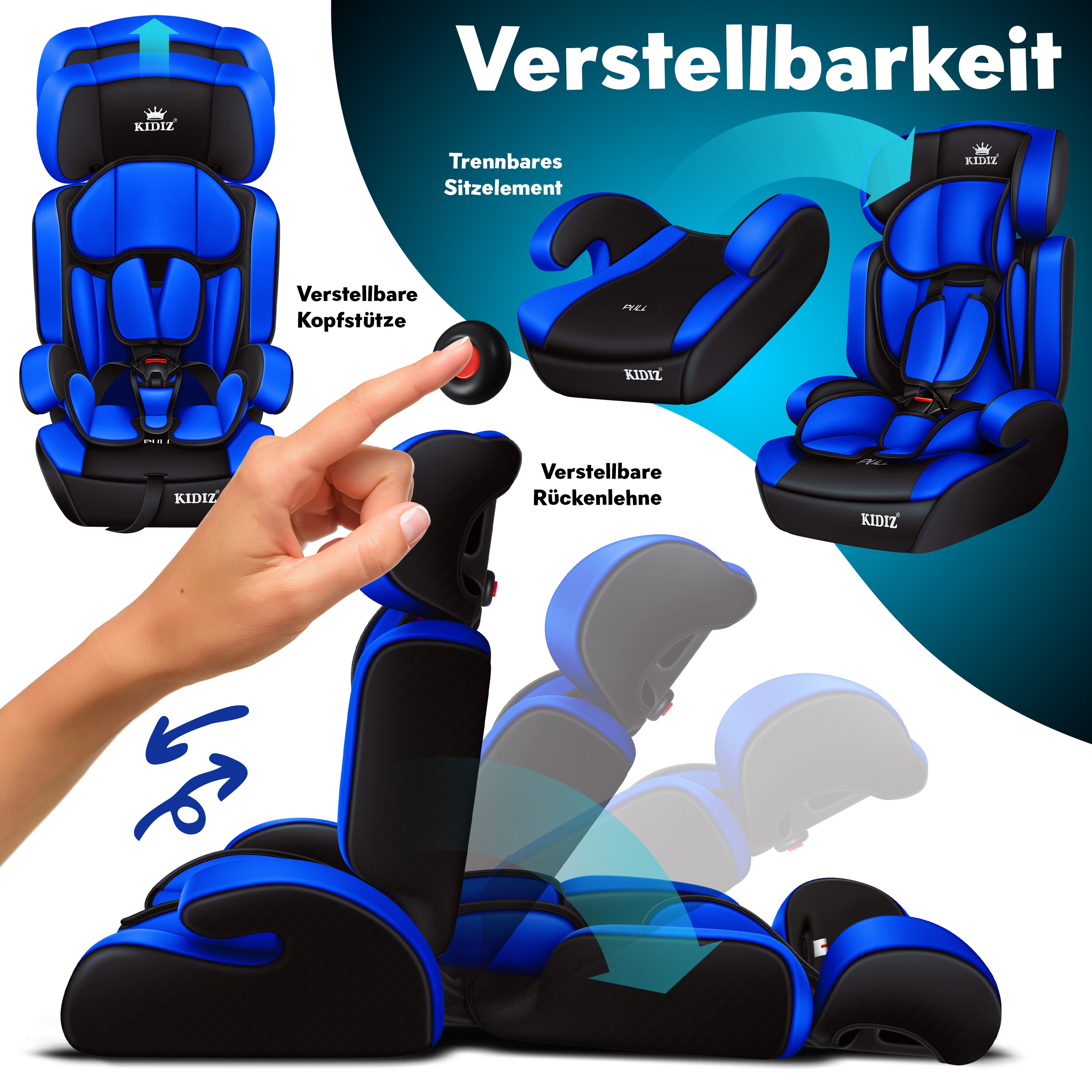 KIDIZ® Autokindersitz Kinderautositz ? Gruppe 1+2+3 ? 9-36 kg 5-Punkt-Sicherheitsgurt, Autositz, Kindersitz, Einstellbare Kopfstütze | Mitwachsende Sitzerhöhung 1-12 Jahre, Stabil und Sicher