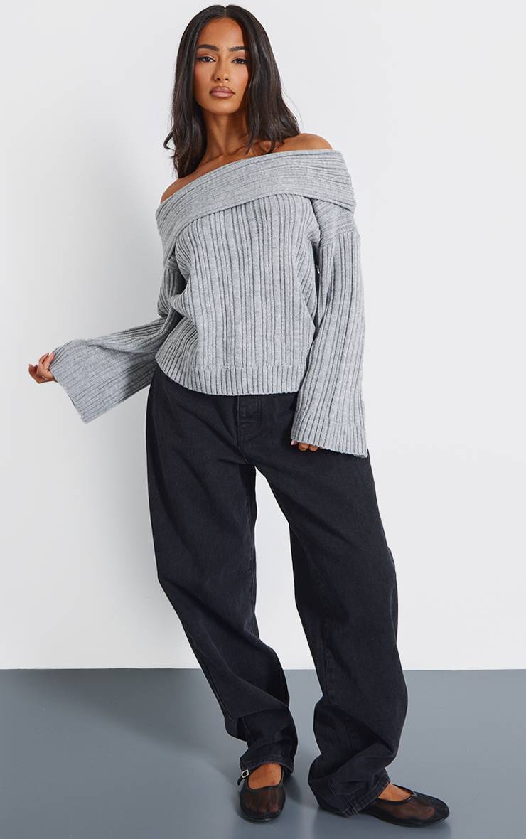 Gris Synthétiquell En Maille Épaule Dénudée Petite