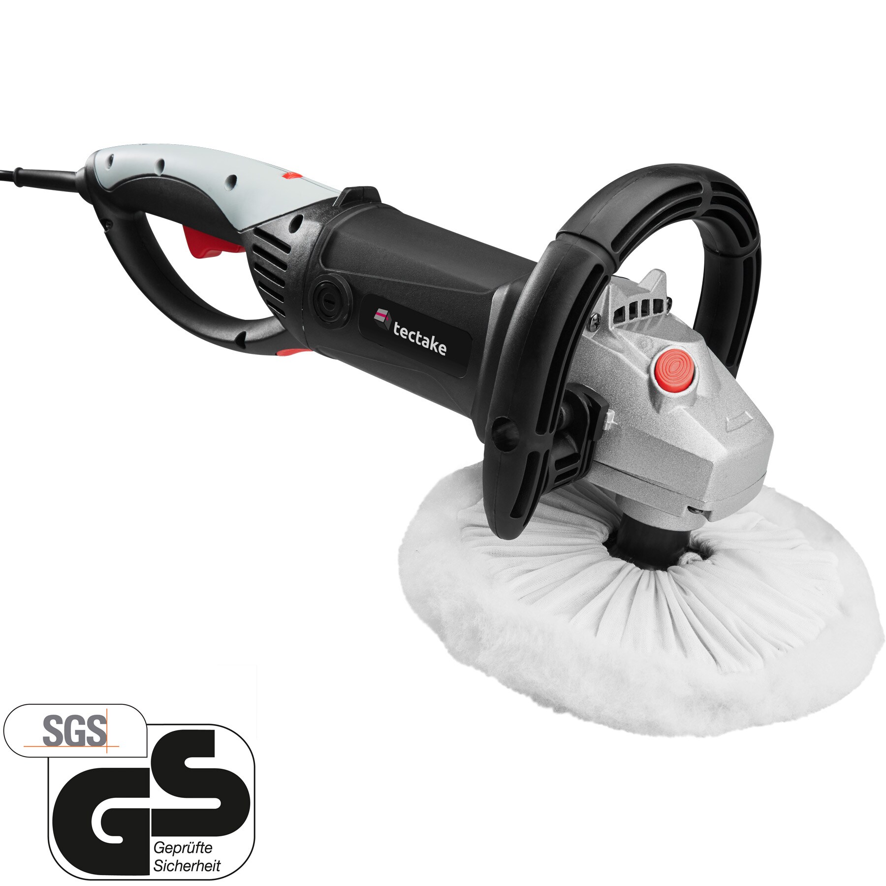 tectake® 37-teiliges Poliermaschinen-Set, 1500 W, mit 180° Drehgriff und zusätzlichem Stabgriff, inklusive Lackpolitur, 2 Mikrofasertüchern, Wischer, Schwamm, Handschuh, 4 Schleifpapieren, 2 Ersatzkohlen und Transportkoffer