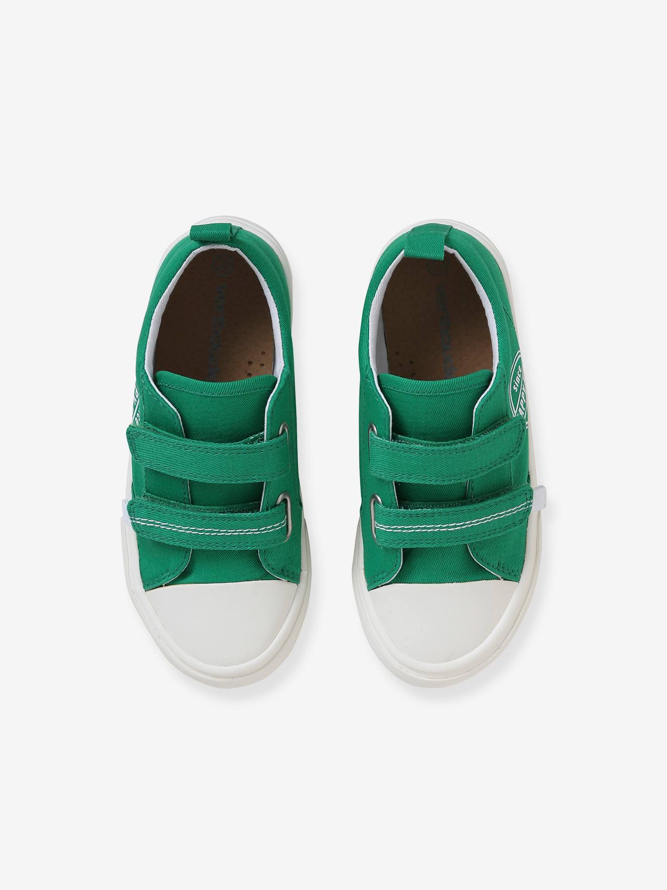 Tênis de lona com tiras autoadesivas, para meninos, verde escuro liso com estampas.