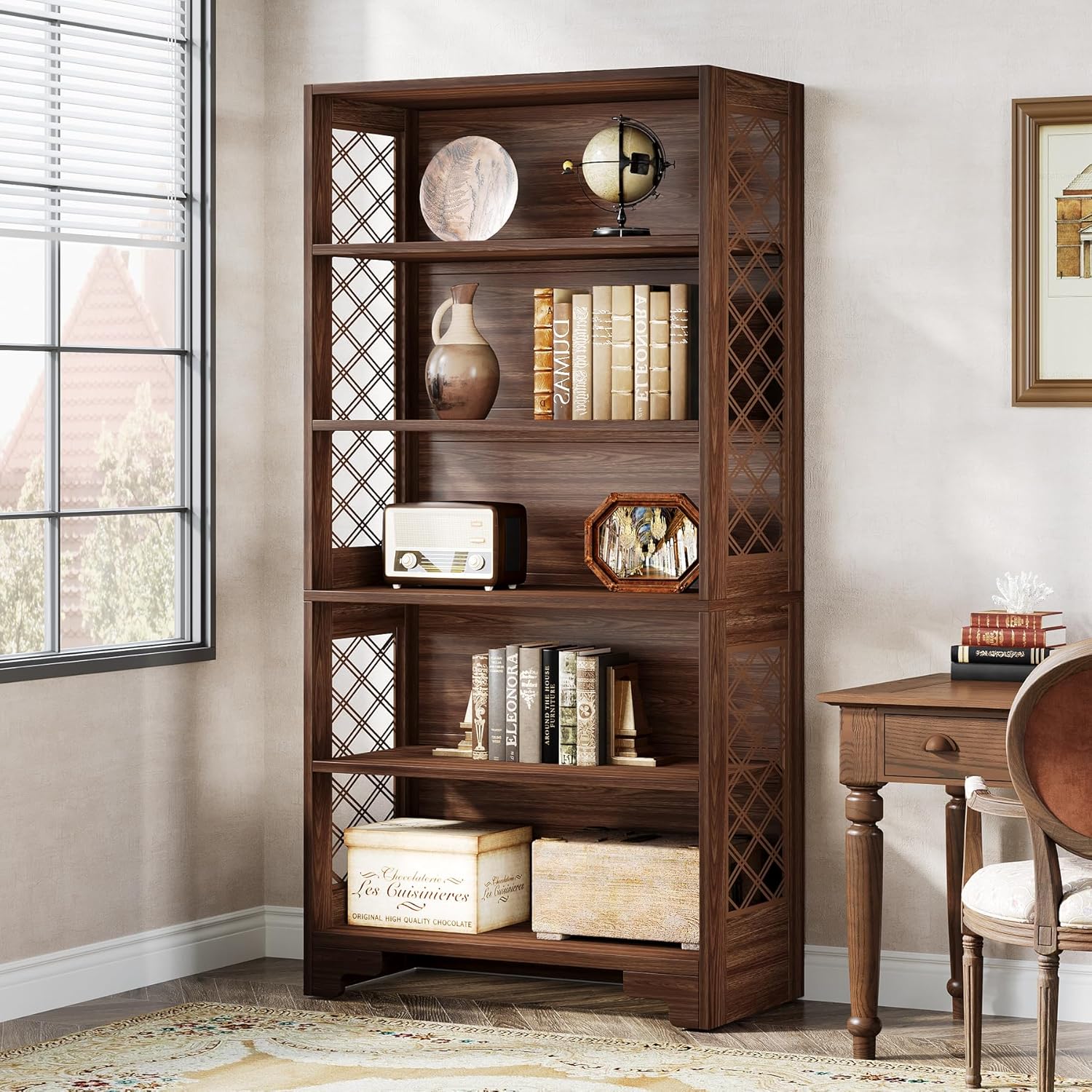 Tribesigns Bücherregal, 180cm hohes Vintage- Standregal, 6-stöckiges Bücherregal Holz,mit offenen Ausstellungsböden, für Wohnzimmer, Heimbüro, Industrie-Design, vintagebraun QO5024745