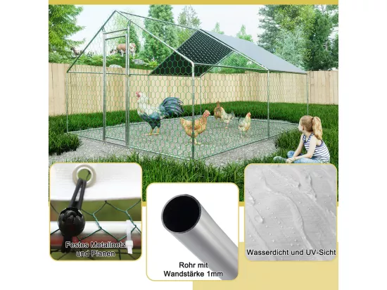 Chalet de jardin poulailler 3x4x2 mètres en métal avec serrure sécurité et toile PE imperméable pour petits animaux domestiques