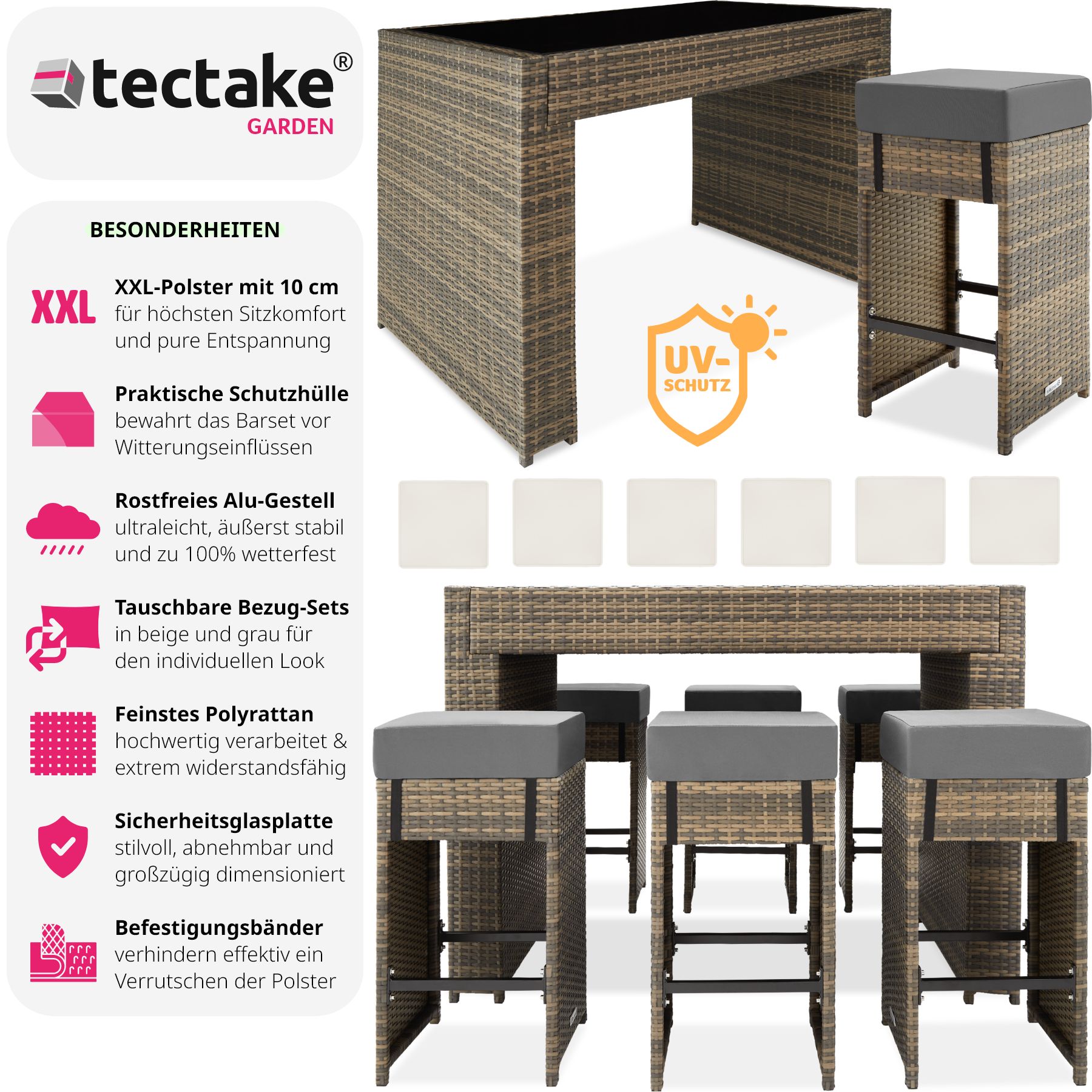 tectake® Rattan Barset, mit Aluminiumgestell, wetterfest und UV-beständig, 2 Bezugssets