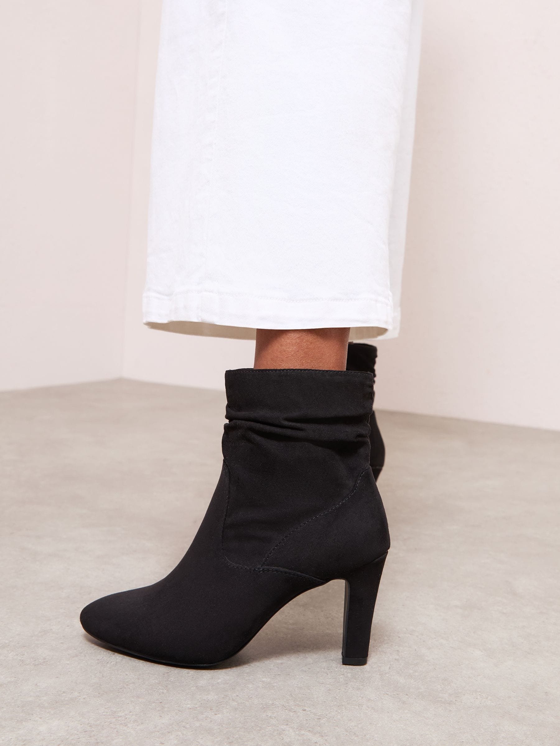 Friends Like These Mid Heel Ruched Faux Suede Ankle Boots