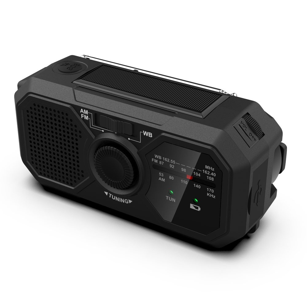 (13x6cm) 4in1 Outdoor Kurbel Radio mit WB/AM/FM / USB Powerbank / Solar Taschenlampe / SOS Alarm - Schwarz