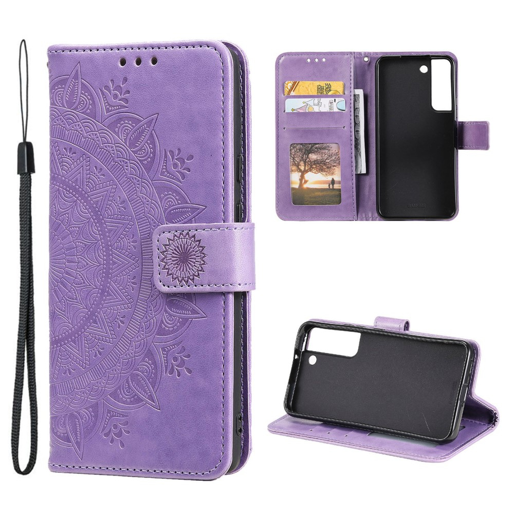 Samsung Galaxy S22 5G Leder Tasche Wallet - Mandala Flowers Imprint - Lila