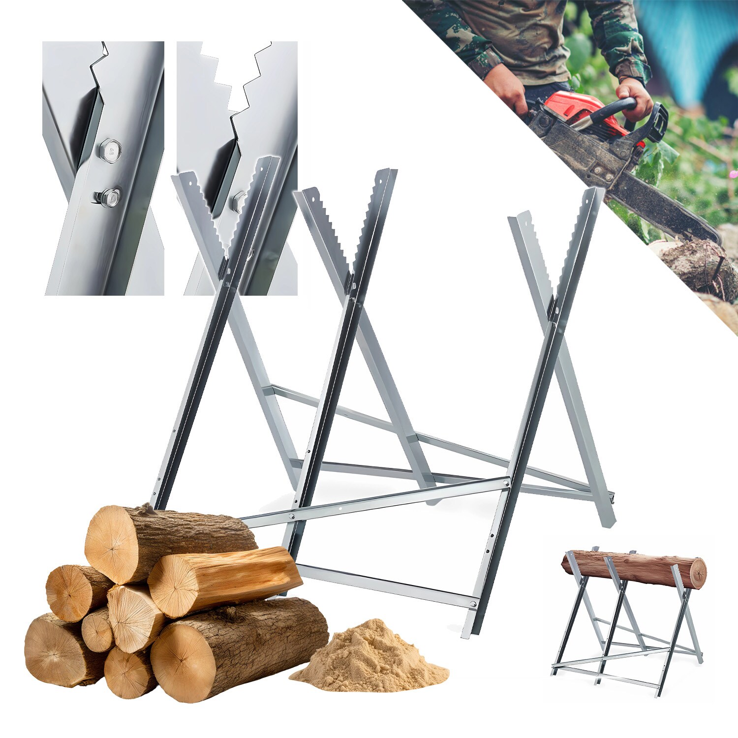 GARMIO® Sägebock Holzsägebock klappbar, silber 150kg, verzinkt zusammenklappbarer Haltebock 4-fach,Extra robust