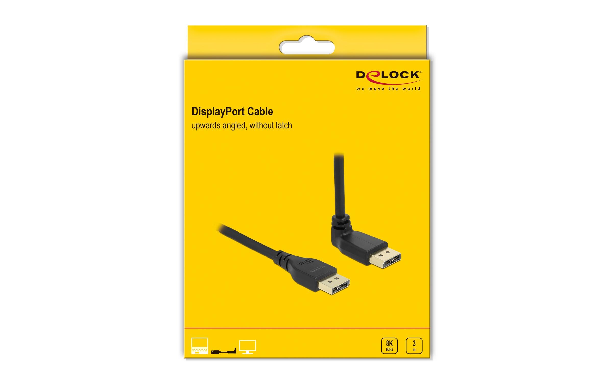 Kabel Oben gewinkelt DisplayPort - DisplayPort, 3 m, 8K 60HzDelock DisplayPort Kabel Stecker gerade zu Stecker 90° oben gewinkelt 8K 60 Hz 3 m ohne Einrastfunktion
