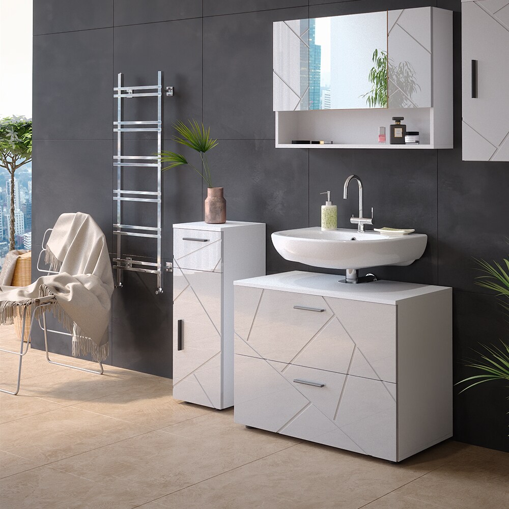 Vicco Midischrank Badschrank Badezimmermöbel Irma Weiß Hochglanz modern 30x81 cm Badezimmer Schrank Badmöbel Schranktür Schrankfach Schrankschublade Ablage Aufbewahrung