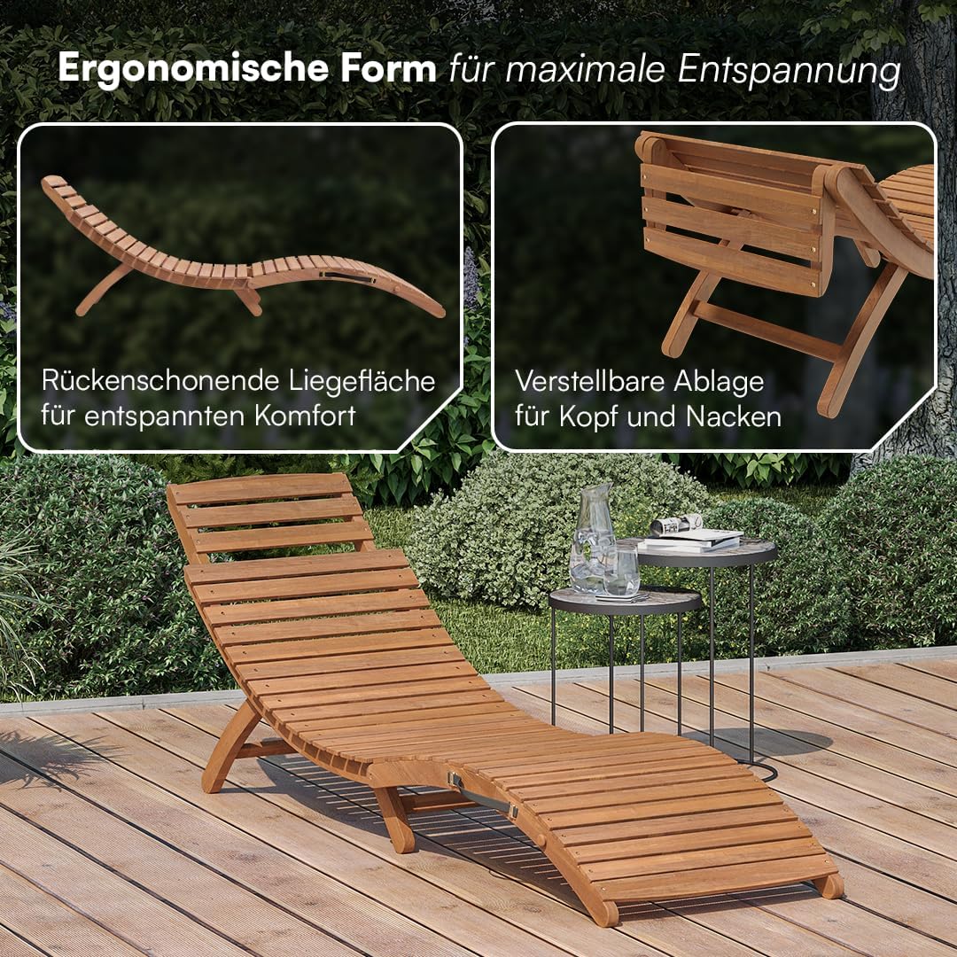 STEELSØN Gartenliege Ophira aus Holz, klappbare Sonnenliege, Holzliege wasserfest, Saunaliege mit Verstellbarer Kopfstütze, Akazienholz geölt, bis 200 kg belastbar