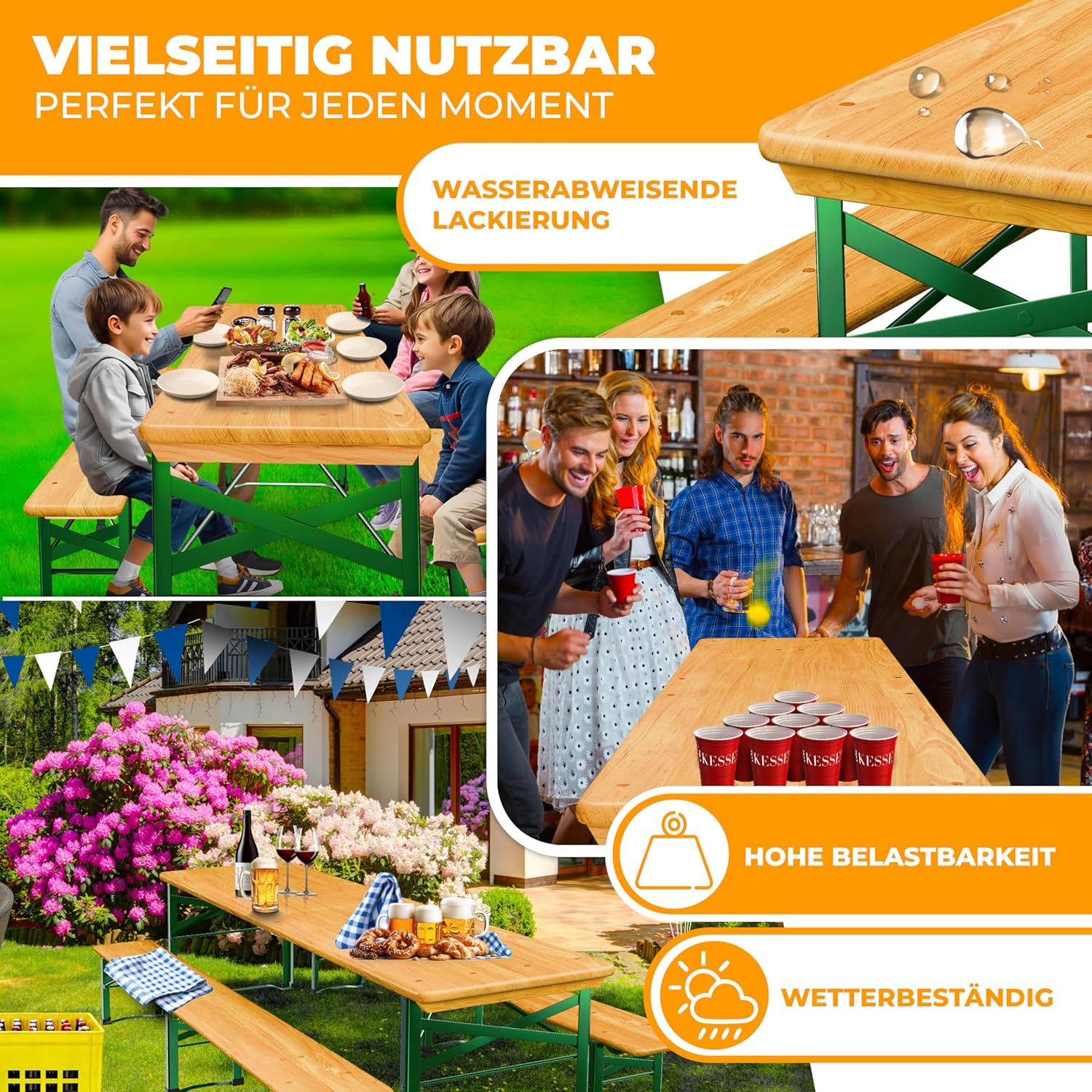 KESSER® Bierzeltgarnitur 3 teilig Gartenmöbel-Set | Klappbar 220 x 50 x 77cm | 2X Bierbänke 1x Biertisch | Festzeltgarnitur Biertisch Stehtisch Sitzgarnitur Holz 16-teiliges Bodenschoner-Set