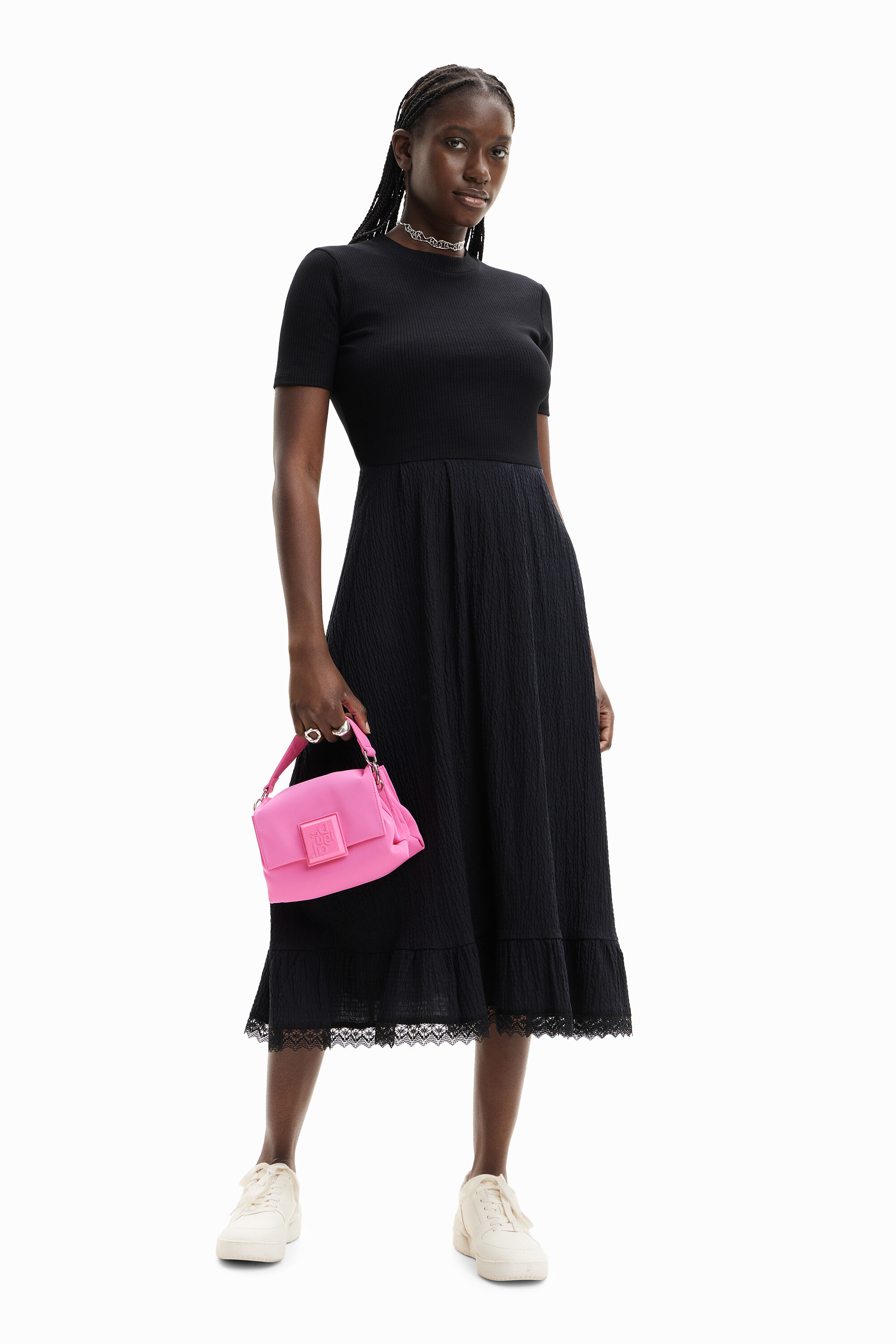 Robe midi combinée texturée