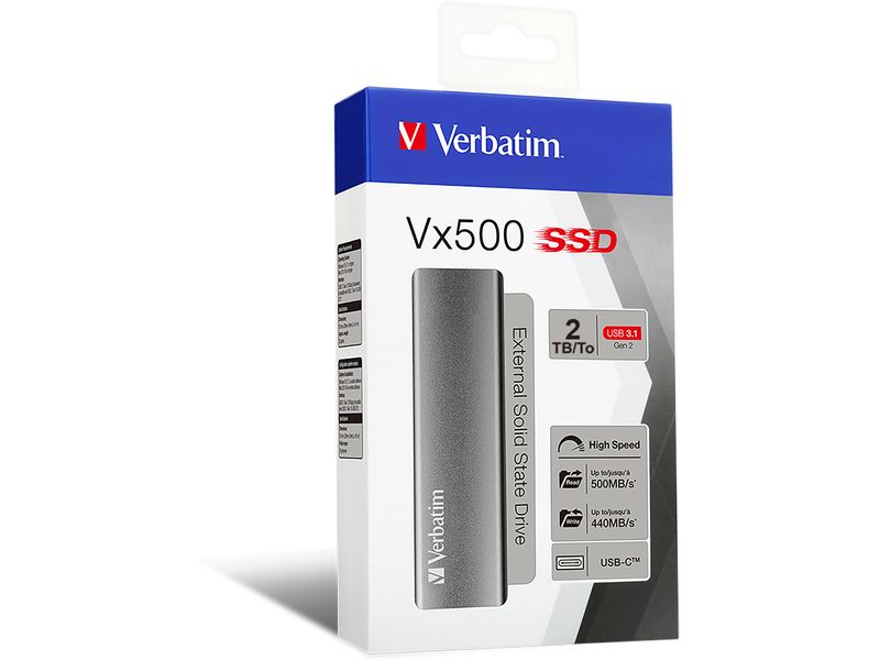 Verbatim Externe SSD VX500 2000 GB Tragbare SSD mit 2 TB, USB 3.2 Gen 2 und Aluminiumgehäuse in Space Grau