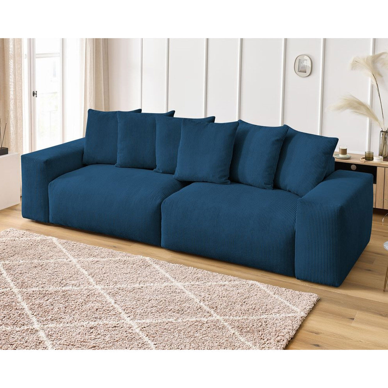 Bobochic Canapé 4 places moelleux voltaire velours côtelé bleu foncé - 320x124x75 cm