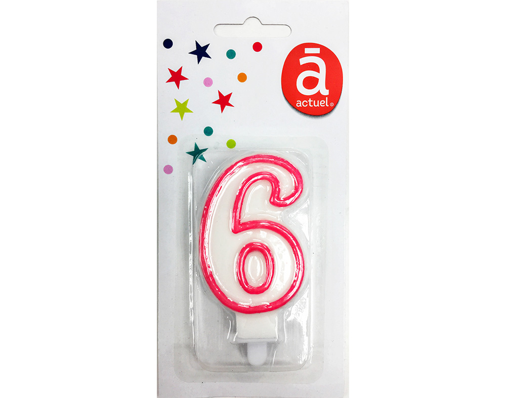 VELA DE ANIVERSÁRIO NÚMERO 6 ACTUEL BRANCO COM REBORDO COLORIDO