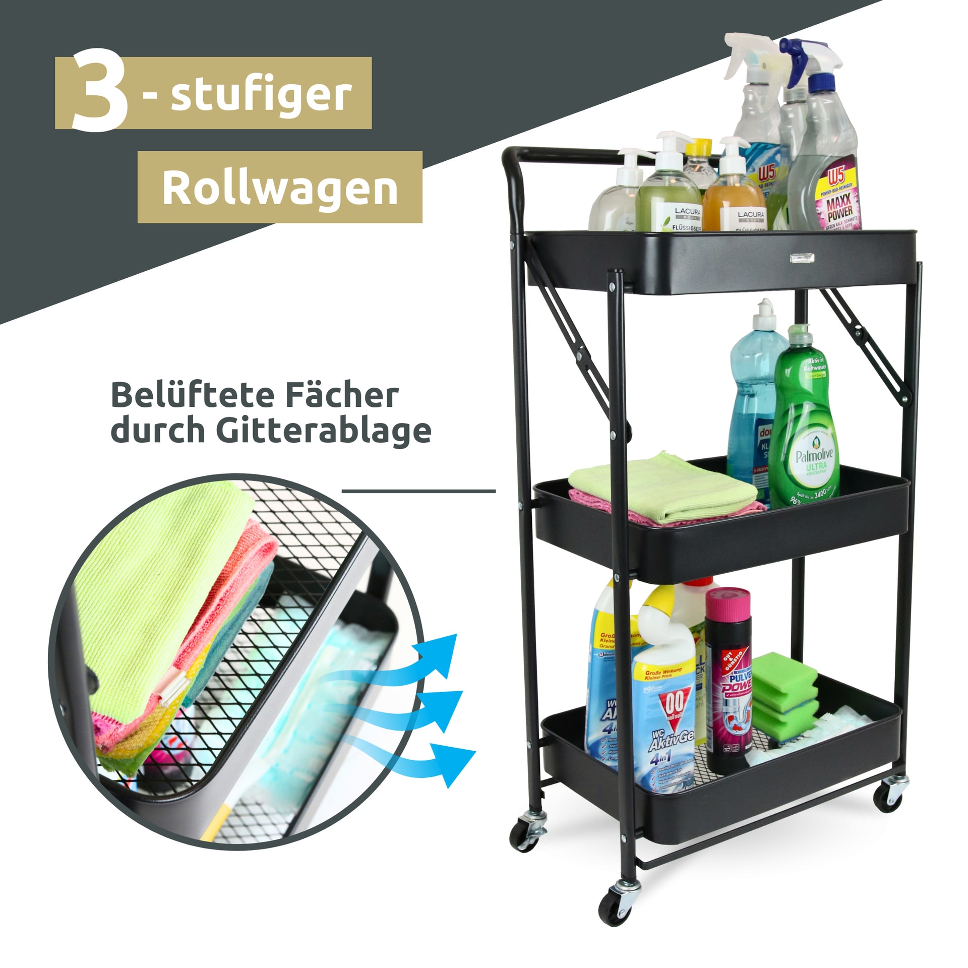 deluxe4home Servierwagen 45 x 87 cm schwarz