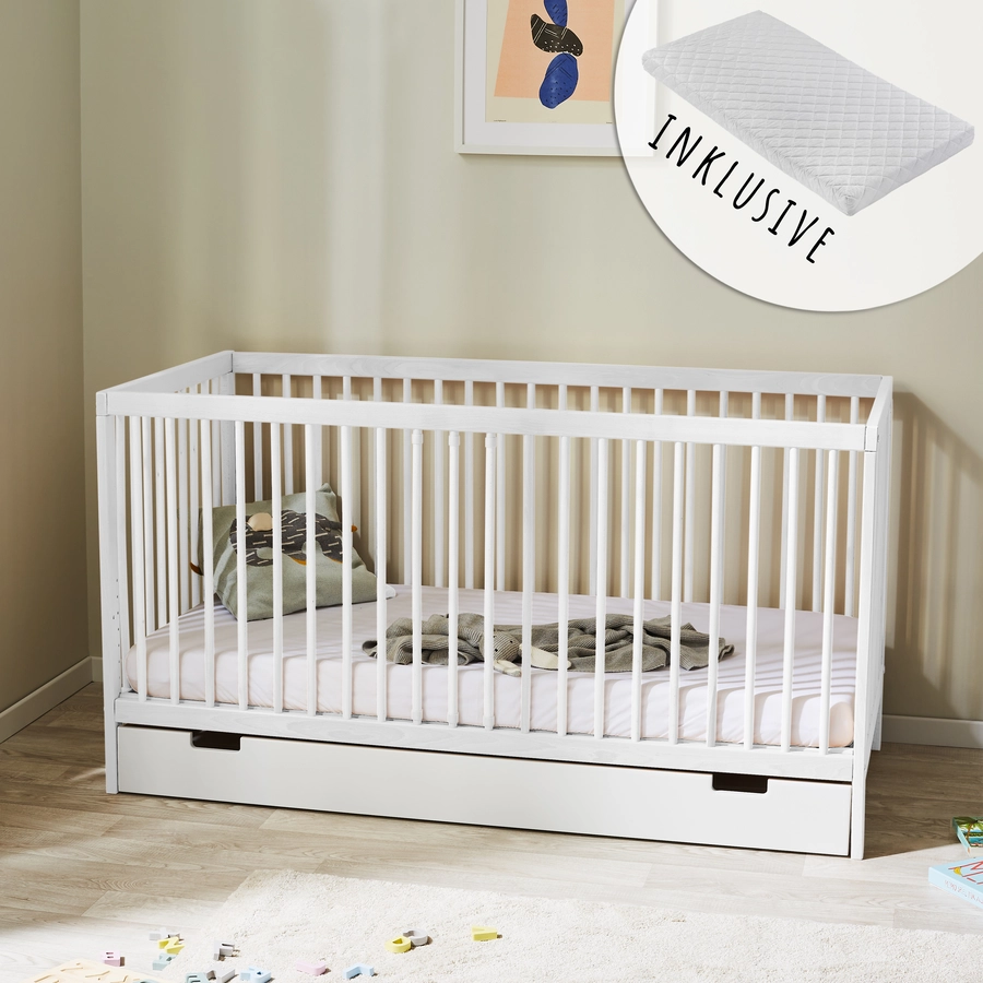 Kids Collective Babybett Gitterbett 60x120 | 70x140 höhenverstellbar & herausnehmbare Sprossen weiß mit Schubl. und Matratze