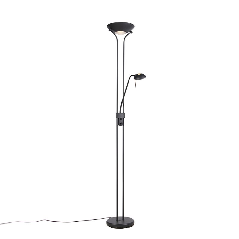 QAZQA - Moderne vloerlamp | Staande lamp | Lamp | Licht, zwart met leeslamp incl. LED en dimmer - Diva 2 Dimmer | Dimbaar | Woonkamer | Slaapkamer | Uplighter - Rond staal |