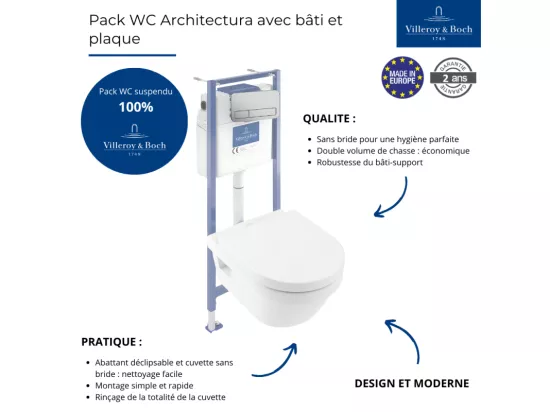 Pack WC sans bride VILLEROY ET BOCH Architectura avec abattant + bâti-support sol et mur Viconnect PRO + plaque chromée mat