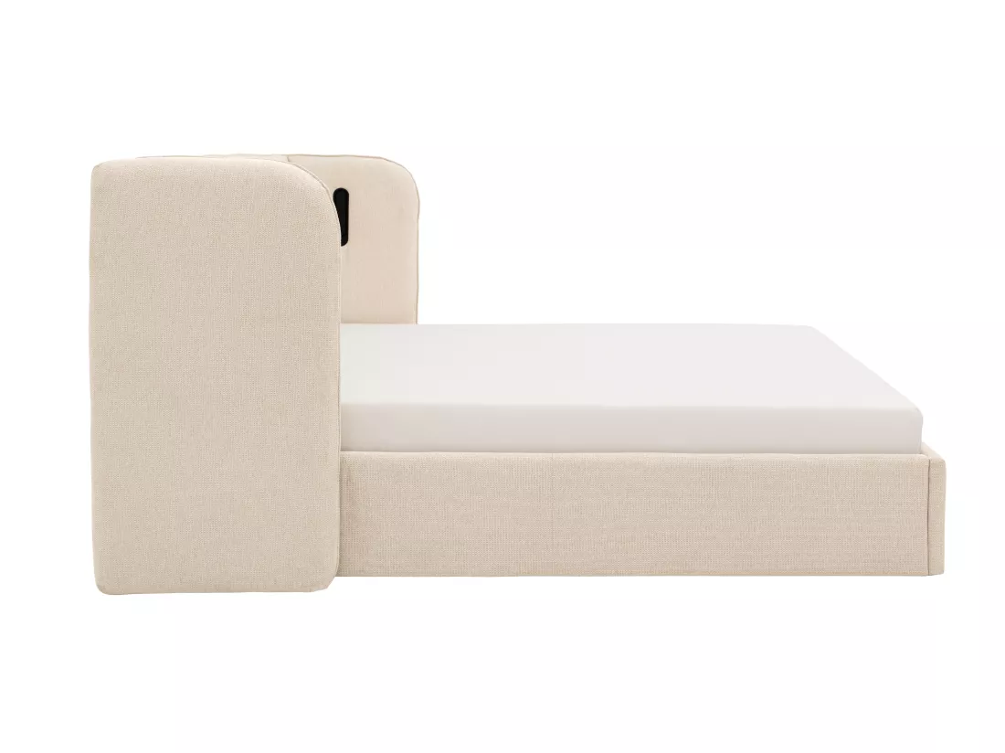 Lit coffre 180 x 200 cm avec tête de lit incurvée - Avec LEDs - Tissu - Beige + Matelas - STOKALI