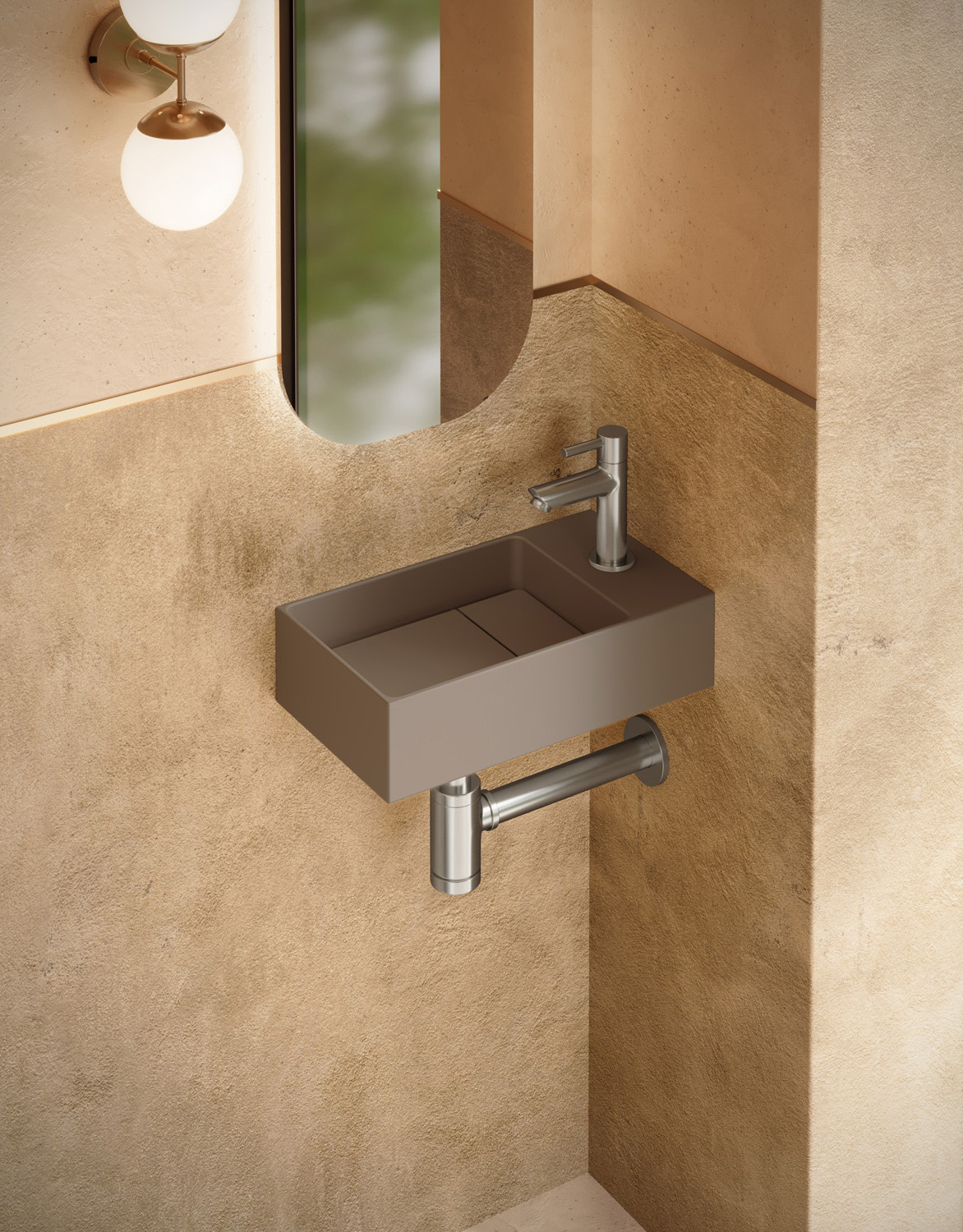 Saniclear Itsie fonteinset mat taupe met rechte kraan in RVS