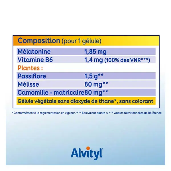 Alvityl Mela-Sleep Melatonina + 3 plantas + vitamina B6, para maiores de 18 anos, 30 cápsulas