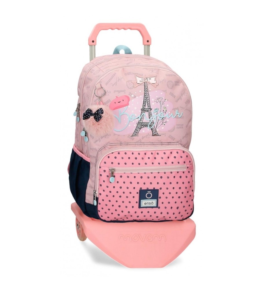 Mochila Enso Bonjour com dois compartimentos e rodinhas, rosa