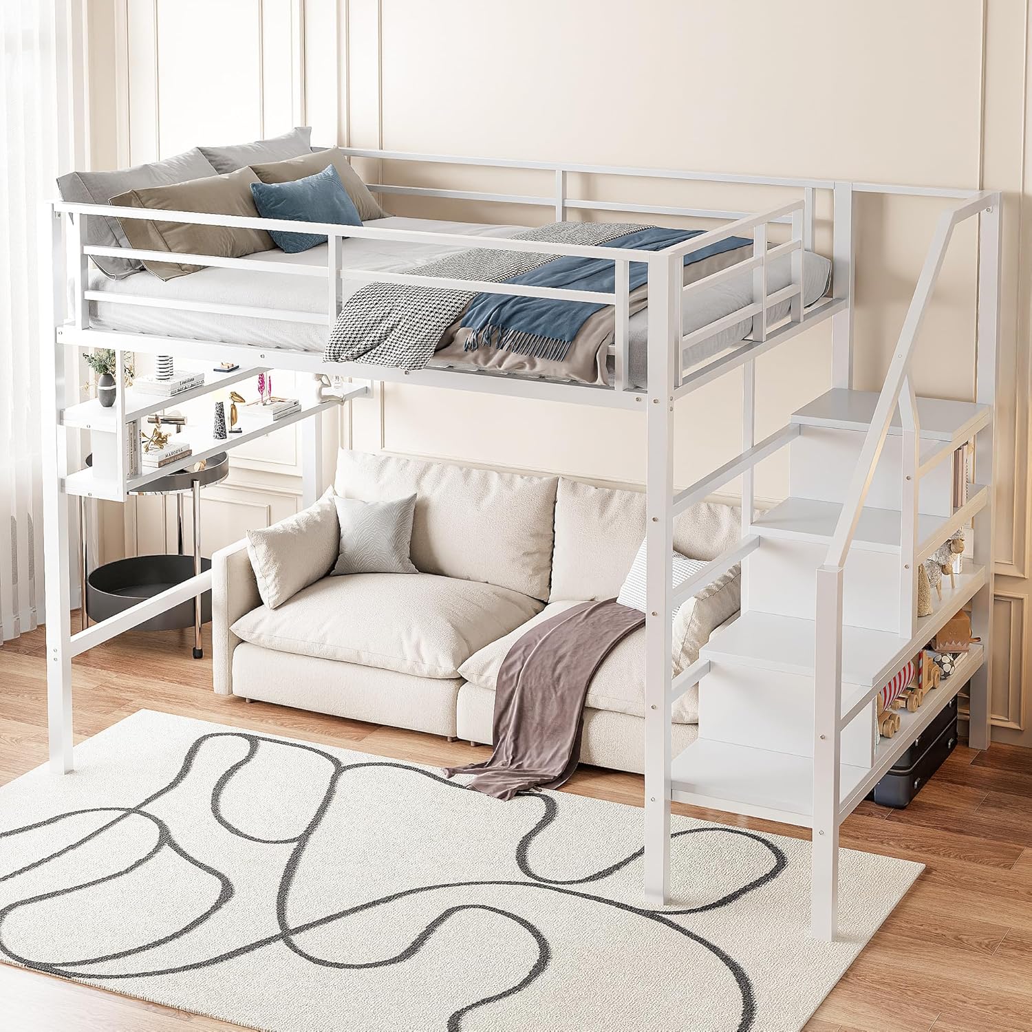Metall Hochbett 140 * 200cm, Freiraum unter dem Bett, Etagenbett Hoch mit Regale, Ablagetreppe, Erwachsene&Jugendzimmer, ohne Matratze (Weiß, B)