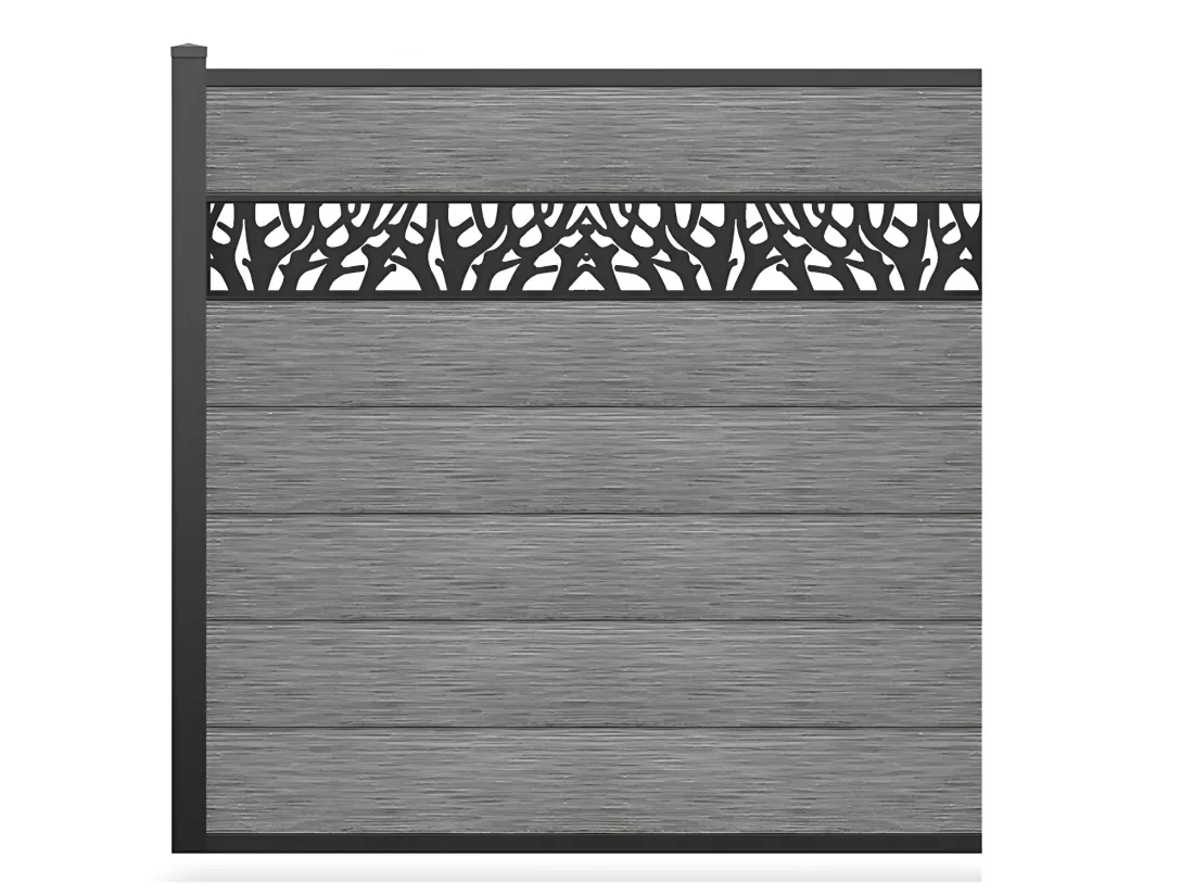 Panneaux de clôture à poser H.181 cm - kit 7 lames composite avec décor + 1 poteau gris clair - ENOLA